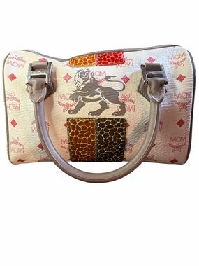 RARE*** MCM White Pink Logo Leather Satchel with Brown & Red Accent Panels